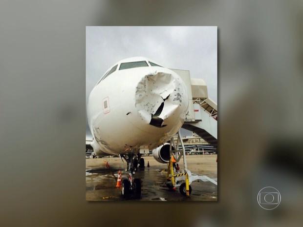 Avião sofreu danos após tempestade de granizo (Foto: Reprodução/TV Globo)